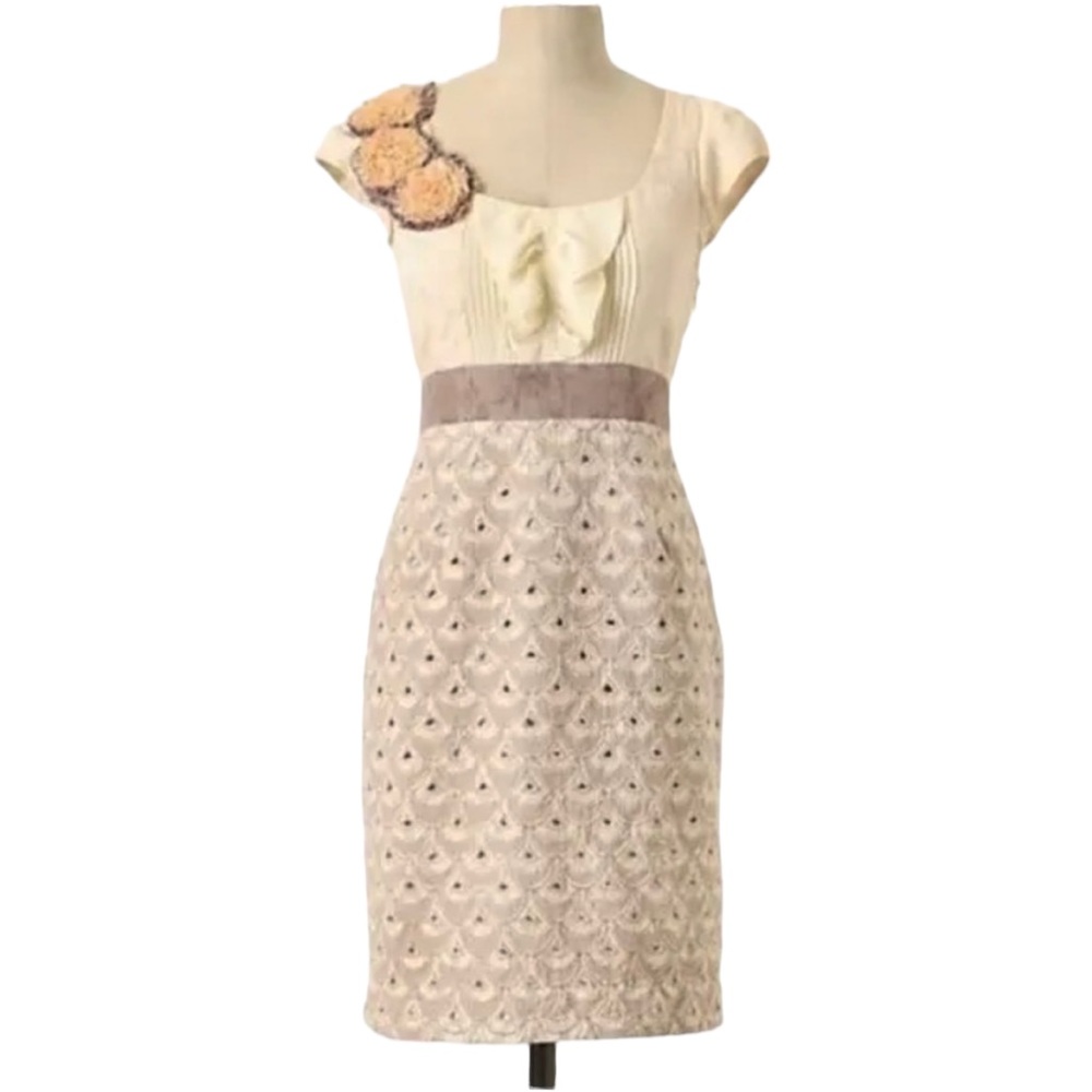 Anthropologie Floreat Babergh Cream Tapestry Rosette Floral Sheath Mini Dress  4